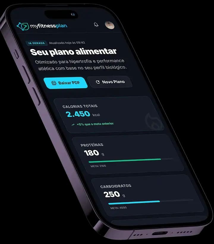 Interface do aplicativo MyFitnessPlan mostrando plano alimentar personalizado em um iPhone